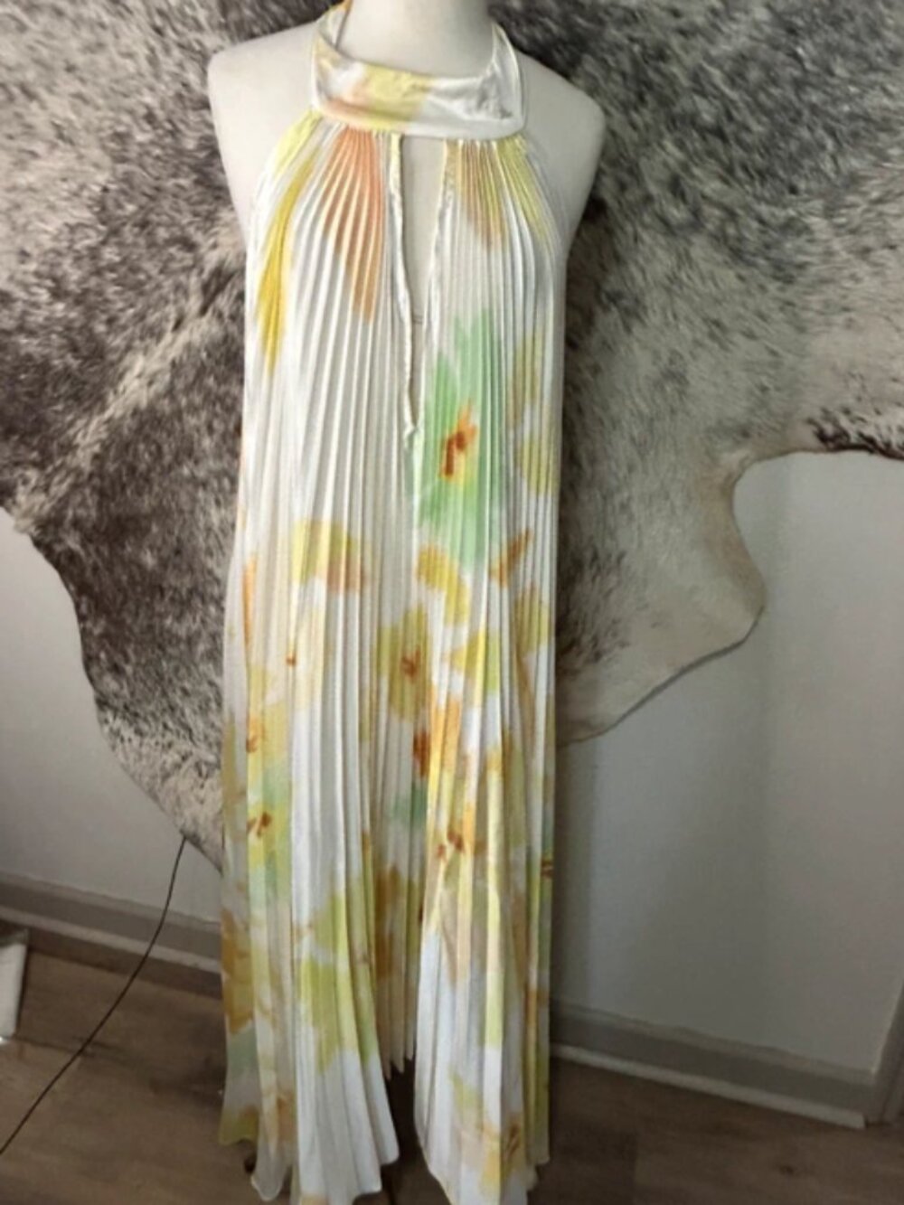 Pleated yellow floral satin halter top dress